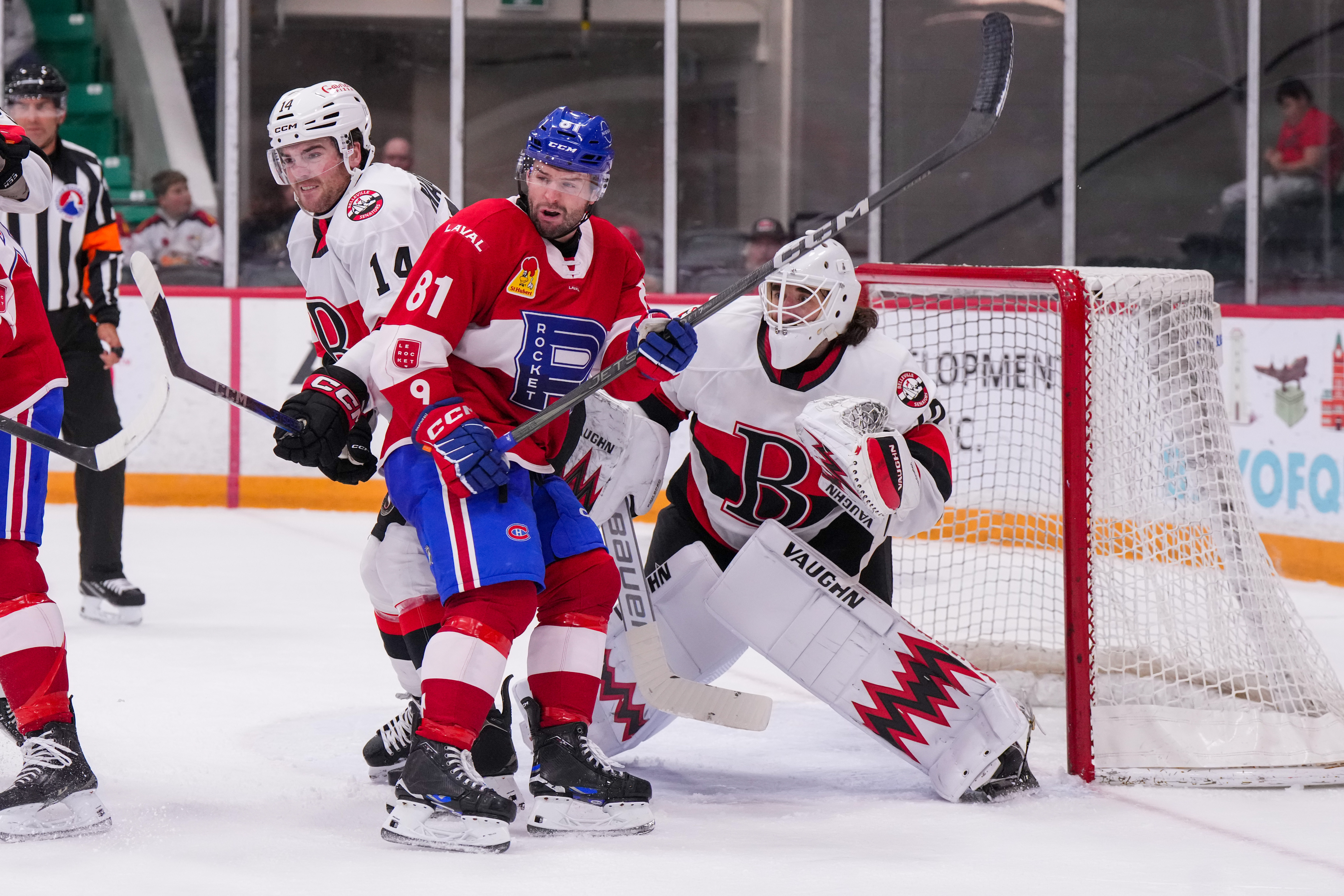 Laval Rocket player in from of goal tendeer Hunter Shepard